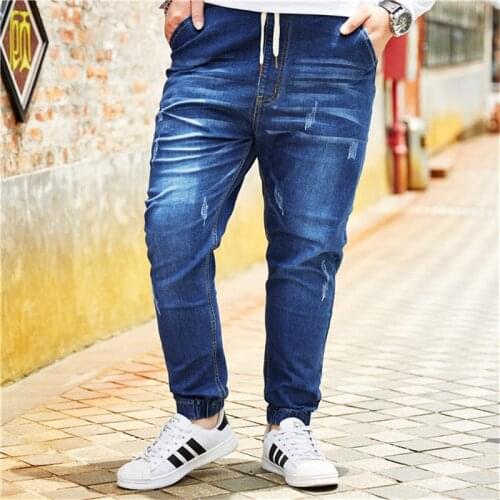 2020 Men New Peking Opera Mask Embroidered Elastic Waist Drawstring Jeans Fashion Male Denim Trousers Plus Size 5XL 6XL 7XL 8XL