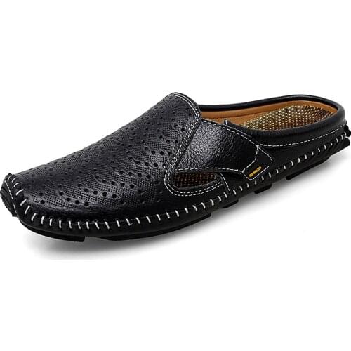 New Genuine Leather Mens Slippers Summer Breathable Casual Mules Light Half Shoes For Men Outdoor Anti-slip Driving Loafers Man