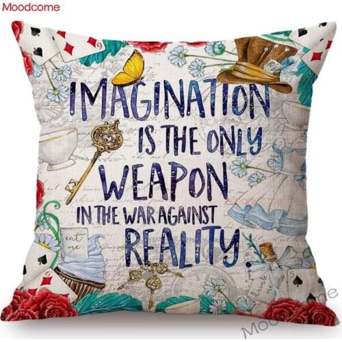 Letter Print Alice in Wonderland Cartoon Decoration Sofa Throw Pillow Case Cotton Linen Square Cushion Cover Home Decor 45x45cm