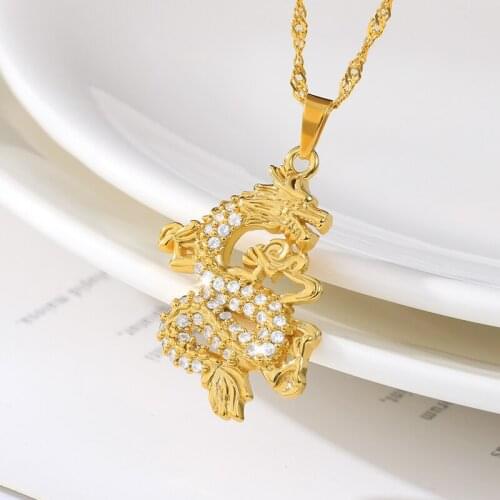 Hip Hop CZ Dragon Pendant Necklaces for Women Men Crystal Zircon Punk Necklace Stainless Steel Gold Chain Bijoux Collar
