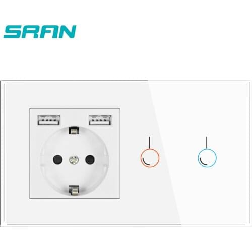 SRAN Touch Sensor Switch With Socket With Usb Crystal Glass Panel 146*86mm 220V 16A Wall Socket With Light Switch 1/2/3Gang 1Way