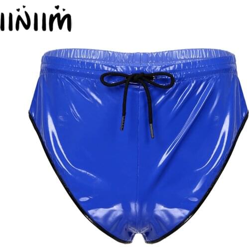 Iiniim Fashion Men Drawstring Elastic Waistband Patent Leather Shorts Nightclub Stage Performance Briefs with Pocket