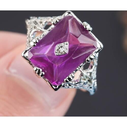 Vintage Big Purple Stone Ring Hollow Pattern Silver Color Rings for Women Engagement Wedding Anniversary Holiday Jewelry Gift