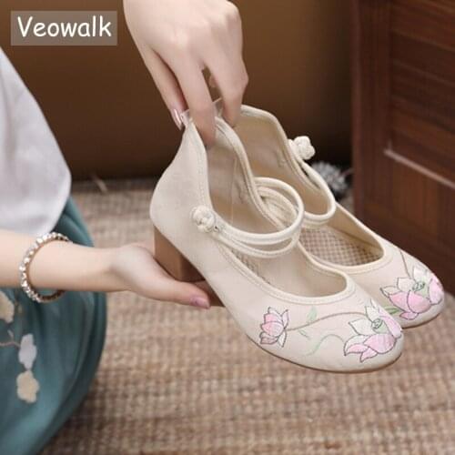 Veowalk Lotus Flower Embroidered Women Cotton Fabric 4cm High Block Heel Shoes Ankle Strap Comfortable Retro Ladies Soft Pumps