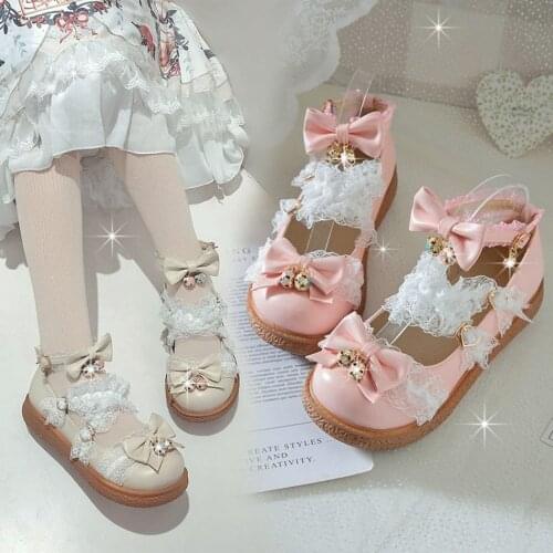 US4-11 Womens Lolita Round Toe Bowknot Lace Kawaii Cosplay Shoes Sweet Low Heel Plus Size 34-43 Belt Buckle Mary Janes