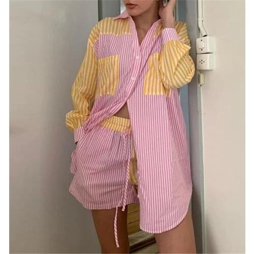 Summer Beach Striped Shorts Set Women Casual Blouse Shirt Tops And Mini Shorts Suit Women Two Piece Sets Tracksuit Loungewear