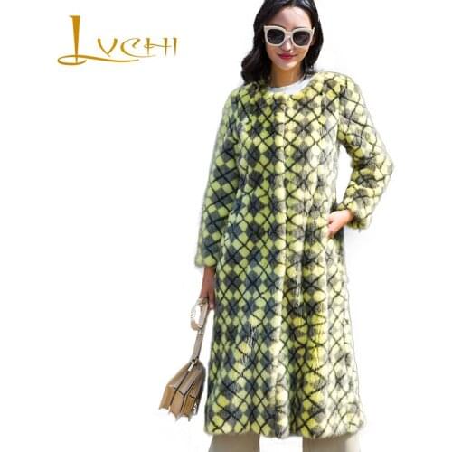 LVCHI Winter 2019 Real Mink Fur Coats Womens Full Sleeve Coat Argyle Full Pelt Causal Yellow Print Long Slim O-Neck Mink Coats
