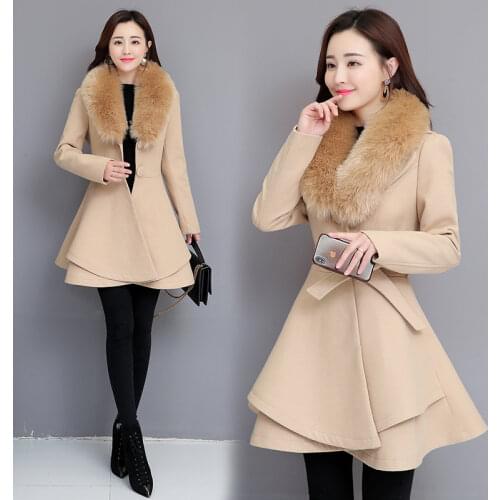 2020 Winter Women Woolen Coat Outerwear Large Fur Collar Ruffles Female Plus size Casual Jacket Long Sweet Preppy Trench Coat