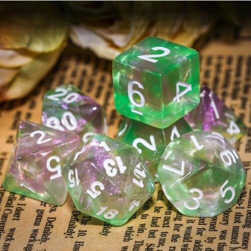 7Pcs/Set Pink/Green DND Dice Set D4 D6 D8 D10 D% D12 D20 Transparent with Glitter Polyhedral Dice for Role-playing Game RPG MTG