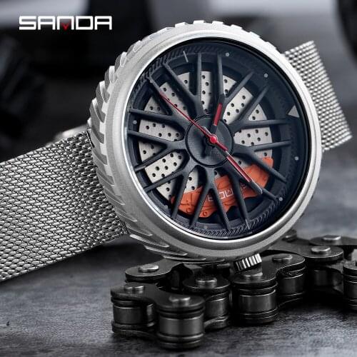 SANDA Creative Car Wheel Sports Watch Steel Strap Waterproof Military Sports Clock Cool Male Luxury Quartz Wrist Watches reloj