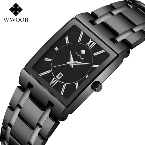 WWOOR Watch Men Fashion Black Square Quartz Watches Top Brand Luxury Stainless Steel Waterproof Wrist Watch Business Sport Clock