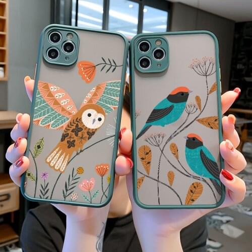 Flower Birds Phone Case For iPhone 12 11 Pro Max 8 7 6S Plus SE 2020 XS MAX XR X Floral Color Back Hard Owl Swan Cover Fundas