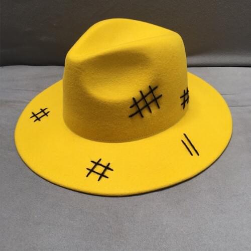New Fashion Yellow Wool Felt Hat Wide Brim Casual Black Lace Up Autumn Winter Sun Hat Men Women Felt Porkpie Jazz Fedora Hat