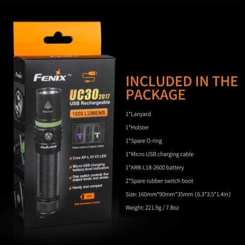 Fenix UC30 Cree XP-L HI LED tatical Flashlight 1000 lumens Micro-USB charginge Camping Torch
