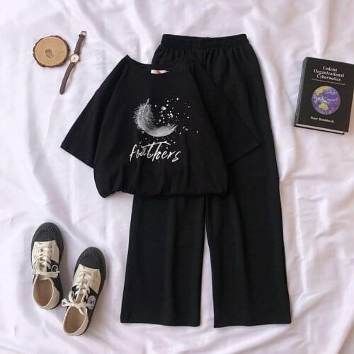 Womens New Half-sleeved Printed Oversized T-shirts Korean Fashion Loose Wide-leg Pants Casual Two-piece Suit Y2k Kawaii Tops