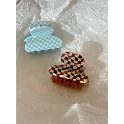 HUANZHI 2021 New Vintage Blue White Checkerboard Hair Clip Headband Hair Clips for Women Plaid Hair Claw Bath Hair Accessories