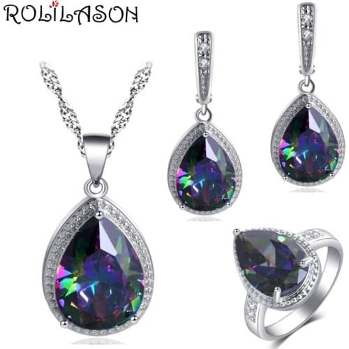 ROLILASON Water Drop Design multicolor Zircon For girl Earrings Necklace Rings Jewelry Sets JS736