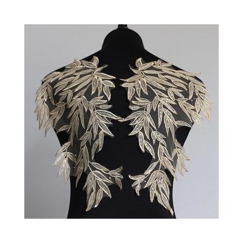 1Pc/37X20cm Sequins Lace Applique Champagne Gold Appliques Embroidery Lace Trim Fabric Cloth Sewing Patchwork DIY Craft