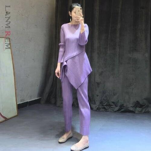 LANMREM Pleated Two Pieces Set Famale 2021 Autumn Summer New Temperament Fashion Irregular Slim Tops + Elastic Waist Pants YJ833