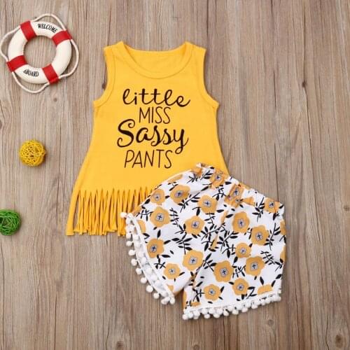 Summer Princess Baby Girl Set Short Sweet Sets Yellow Tassel Vest Tops Floral Shorts Pants Outfits Clothes 1-6Y 2 Pcs