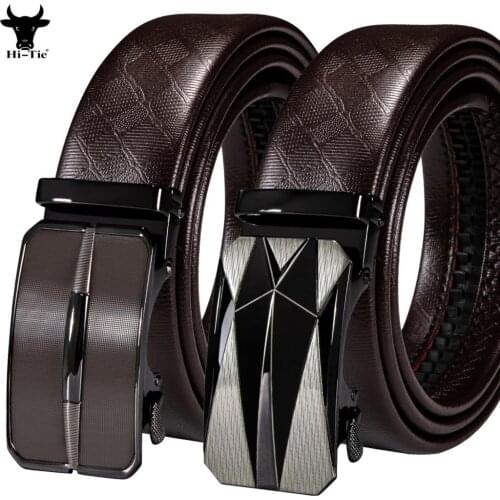 High Quality Automatic Buckles Mens Belts Brown Leather Ratchet Waistband Dress Jeans Straps Sliding Metal Removable Button Belt