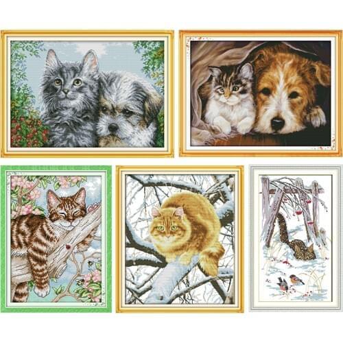 Cat and Friend Series Counted Cross Stitch Kits 11CT14CT Printed Pattern Craft DMC Sewing Needlework Embroidery Sets Home Decor