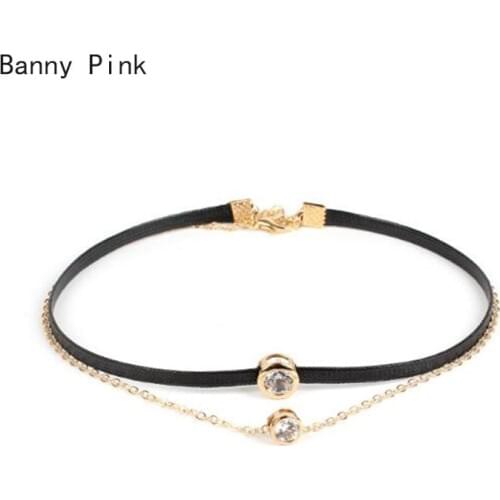 Cute Double Rhinestone Pendant Choker Necklace For Women Brief Leather Link Chain Choker Collars Fashion Jewelry Colliers Colar