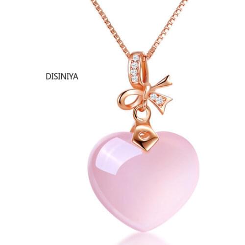 DISINIYA Rose Gold Color Chokers Pink Opal Necklace Ross Quartz CZ Heart for Women Girls Gift Dropshipping Jewelry Wholesale