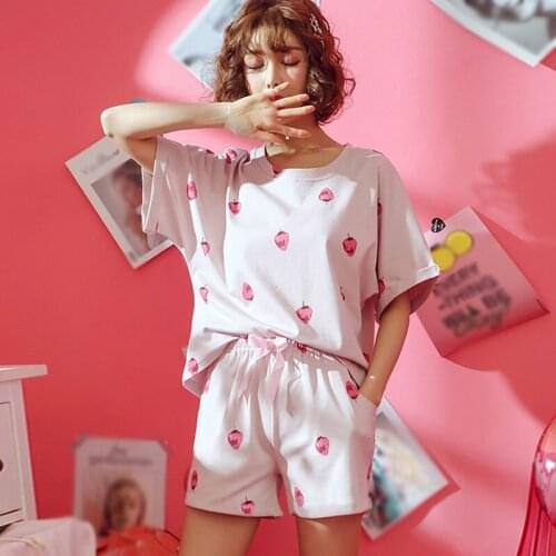 Pink Pajamas Set Summer Sweet Strawberry Printed 2 Pcs Sleepwear Suit Casual Round Neck Short-Sleeved Top And Shorts Suits