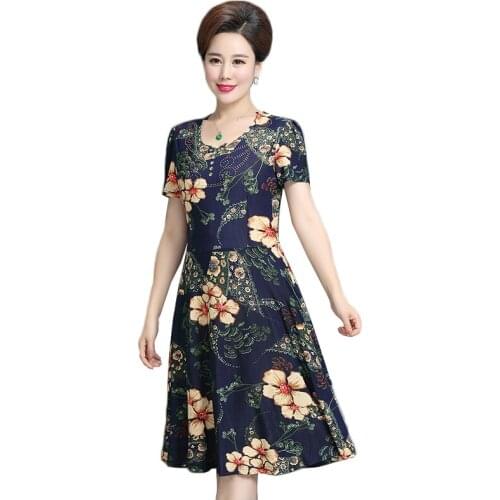 Plus Size 5XL Summer Milk Silk Dress Womens 2021 New Middle-aged Print A-line Dress Womens Short Sleeve Slim Dress Female Dress