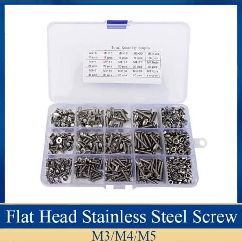 500pcs/Set 304 Stainless Steel screw Hexagon Socket Flat Wafer Head Allen Cap Bolt M3/M4/M5 Assortment Kit