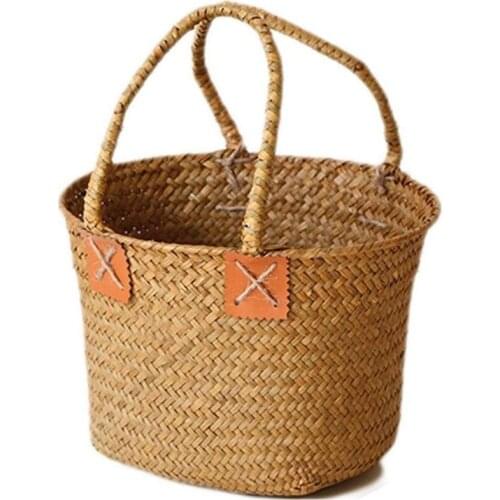 Rattan Bag Storage Basket Round Beach Bag Women Straw Bag Woven Shoulder Bag Straw Travel For Women Girls-ABUX