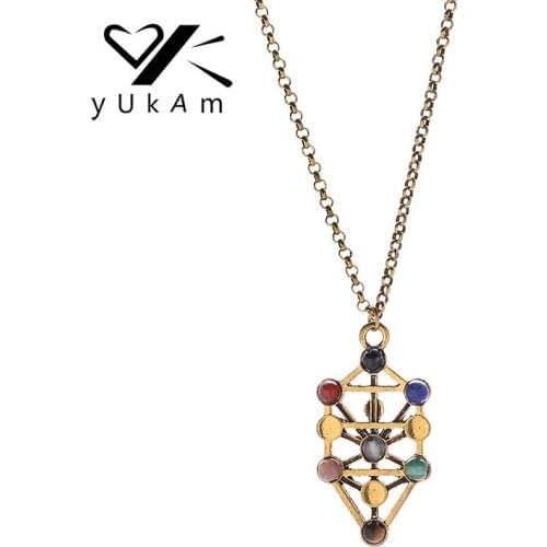 YUKAM Antique Gold Hollow 7 Chakra Stones Reiki Healing Balancing Buddha Pendant Necklaces Yoga Stone Necklace for Women Jewelry