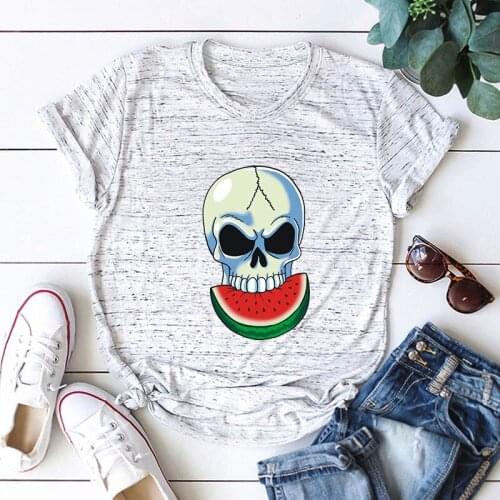 Summer Women T Shirt 5XL Plus Size Cotton Cute Skull Watermelon Print Short Sleeve Oversize Graphic Tee Top Casual O-Neck TShirt