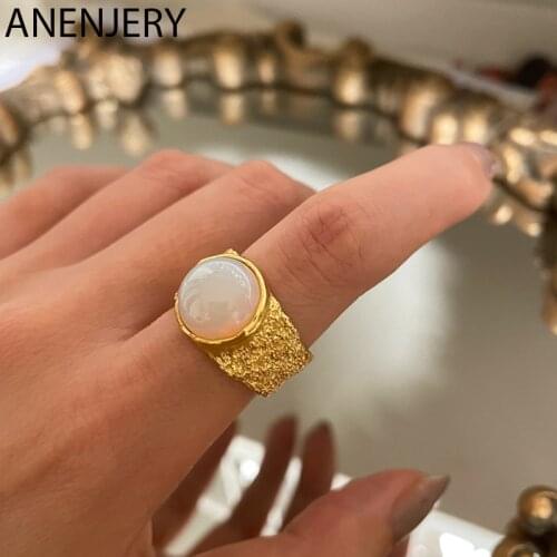 ANENJERY 925 Sterling Silver Lava Texture White Stone Rings For Women Design Sense Open Rings Korean Jewelry