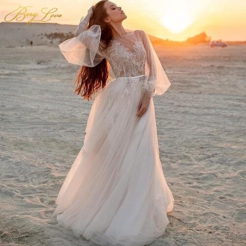 Simple Illusion Wedding Dress 2020 Appliques Scoop Button Back Wedding Gowns Lantern Sleeves Bridal Dress Robe de mariée