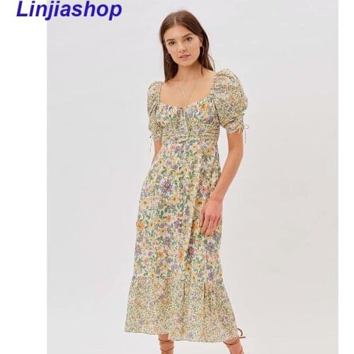 Summer Vintage Party Dress V-neck Elegant Sexy Dress Beach Female Floral Print Mid Dresses Vestidos