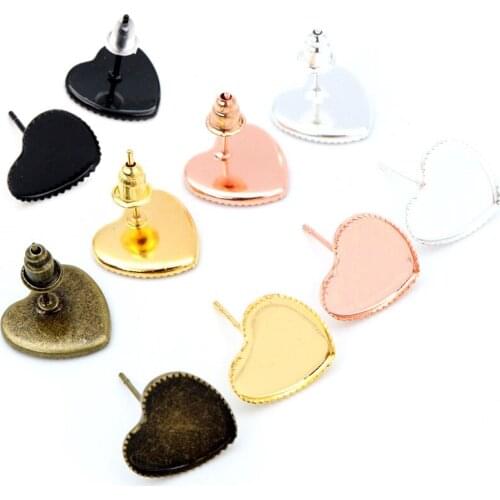 12mm 20pcs Silver Plated Bronze Gold Color Heart Studs,Earrings Blank/Base,Fit 12mm Glass Cabochons,Buttons;Earring Bezels