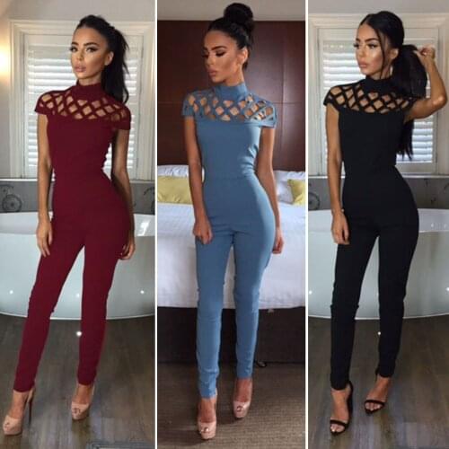 2019 New Style Fashion Women Ladies Clubwear Hollow Out Playsuit Casual Solid Bodycon Party Jumpsuit Romper Trousers