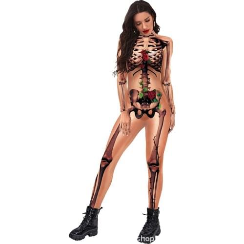 2021 Halloween Costumes For Woman Sexy 3D Print Rose Skull Cosplay Jumpsuit Scary Ghost Flower Skeleton Bodysuit Carnival Party