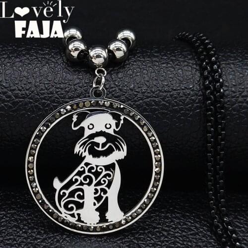2021 Fashion Black Crystal Stainless Steel Long Necklace Women Schnauzer Dog Silver Color Necklaces Jewelry gargantilla N19707