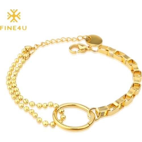 FINE4U B216 Stainless Steel Box Chain Bracelet For Men Women Gold Color Balls Beads Circle Charms Bracelets Unique Jewelry
