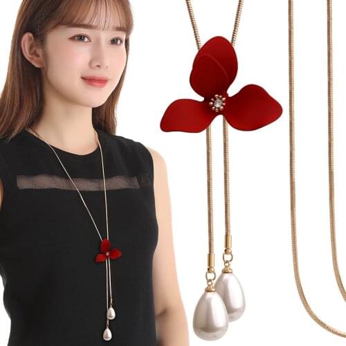 BYSPT Elegant Red Flower Simulated Pearl Necklaces Vintage Necklace Pendant Charm Women Friend Gift Pendant Charm Women Gifts