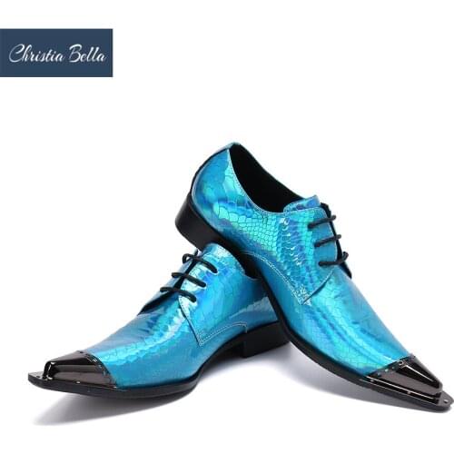 Christia Bella Shining Blue Real Leather Men Oxford Shoes Birthday Celebration Brogue Shoes Plus Size Pointed Toe Dress Shoes