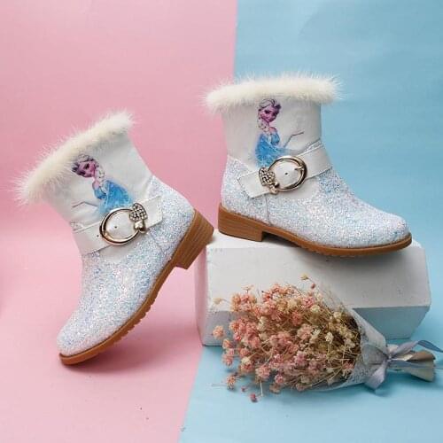 Disney childrens girl ice romance Princess high heel cotton boots plus velvet thick warm sequined booties