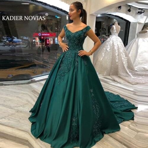 Long V Neck Green Ball Gown Satin Wedding Bridal Dress 2021 Robe Mariage Femme