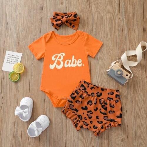 Newborn 3pcs Outwear Letter Print Short Sleeve Romper + Ruffle Leopard Short + Bowknot Headband Summer Set For Baby Boys Girls