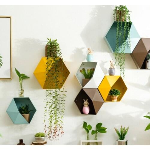 Metal Flower Stand Pot Wall Mount Iron Hexagon Plant Display Rack Planter Storage Unit for Home Office Shop Wall Display Basket
