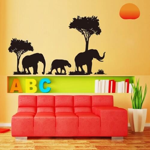 African Grassland Sunrise Black elephant wall sticker PVC Material DIY wall decal For Childrens room bedroom home decor sticker