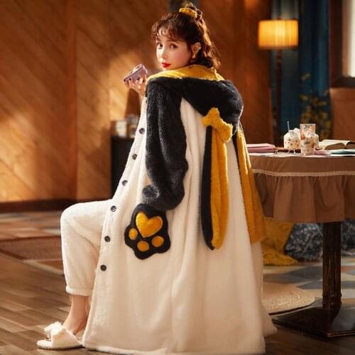 New Sweet Cute Winter Warm Bathrobe Set Womens Cartoon Hooded Loose Robes + Pants Female Flannel Home Sleepwear Pajama Suit